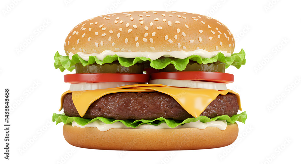 A juicy cheeseburger with lettuce, tomato, onion and pickles on a sesame bun on transparent background A juicy cheeseburger with lettuce, tomato, onion and pickles on a sesame bun on transparent background