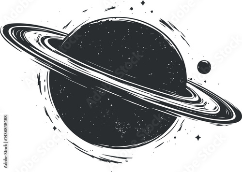 Black and white graphic illustration of a ringed planet resembling Saturn in outer space with stars