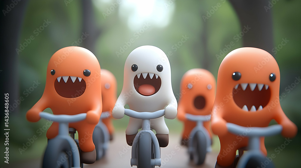 Obraz premium Playful Orange and White Cartoon Monsters Riding Bicycles in a Forest