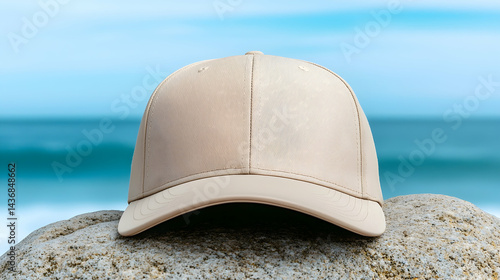 Khaki Snapback Trucker Hat on a Beach Rock