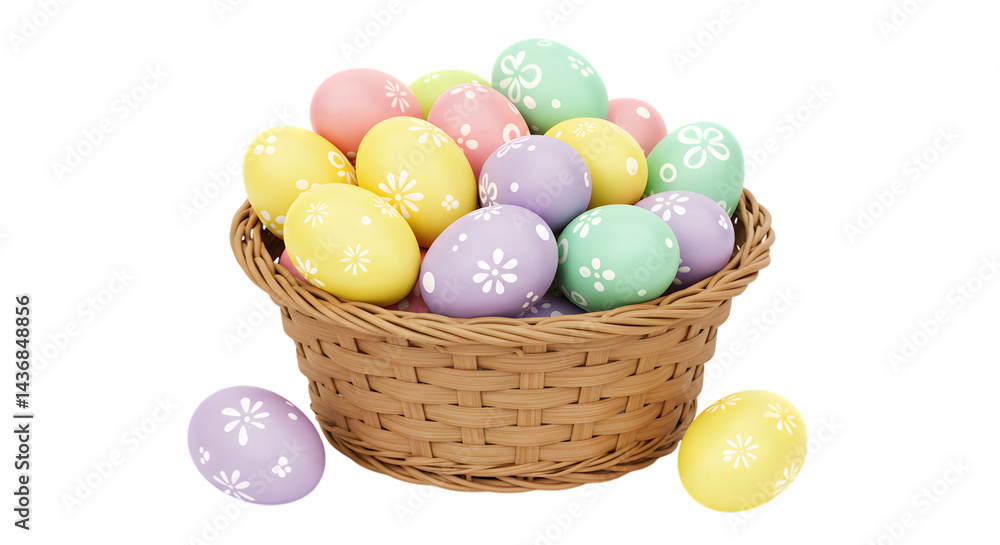 Fototapeta premium Basket filled with pastel easter eggs decorated with floral patterns present on transparent background