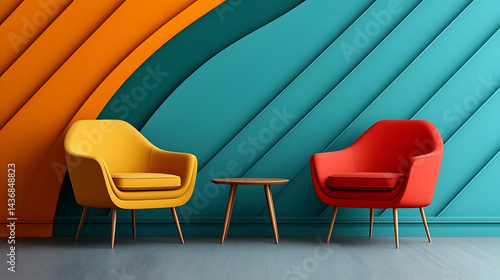 Modern Podcast Studio with Colorful Armchairs and Geometric Walls