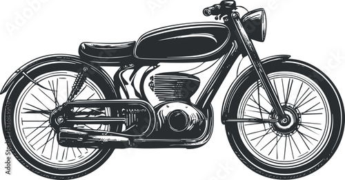 Black and white vintage motorcycle illustration showing classic motorbike side view with detailed engine and wheels