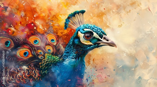 Vibrant peacock displaying its iridescent feathers in full glory intricate eye patterns shimmering under bright sunlight ultra HD wildlife portrait