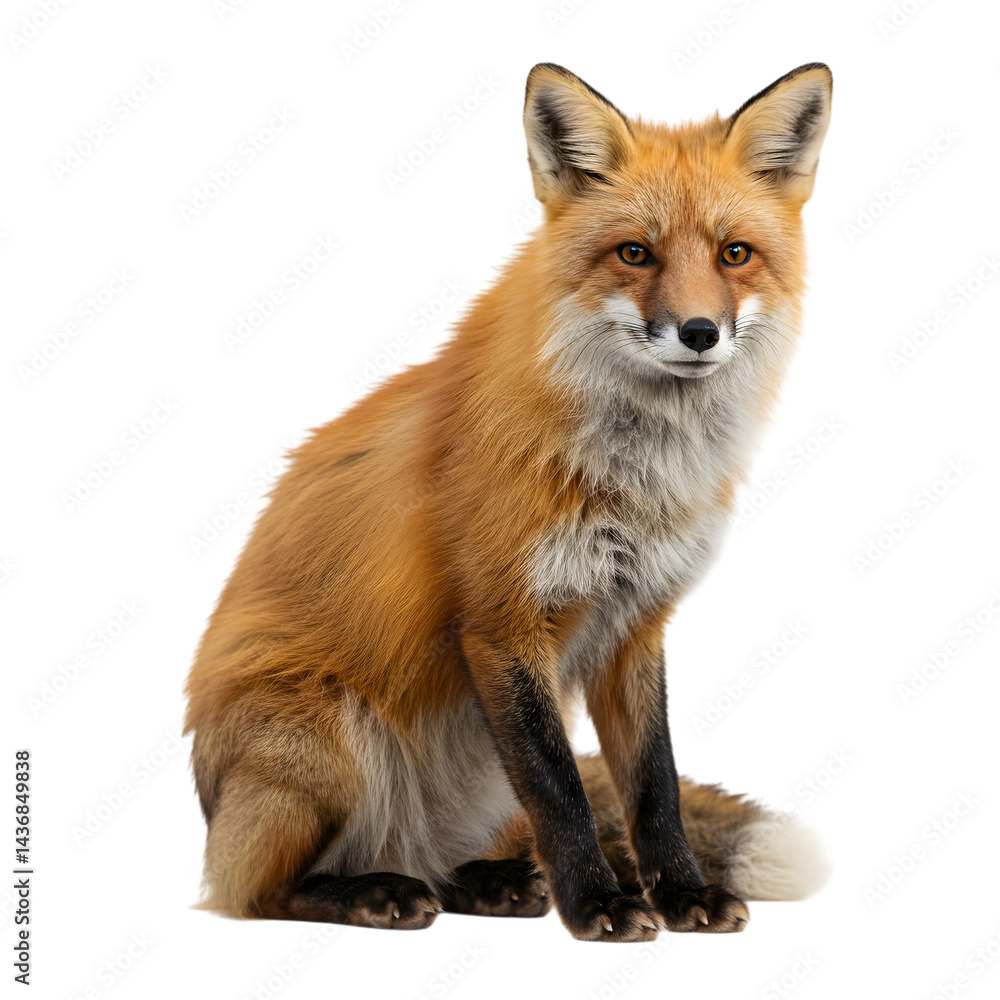 Fototapeta premium A red fox sitting upright with a fluffy tail isolated on a plain backdrop on transparent background
