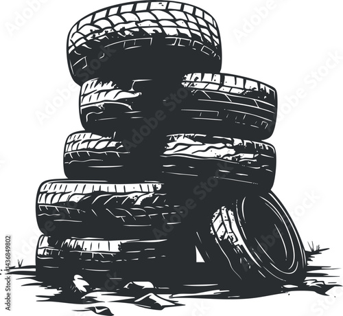 Stack of used black rubber tires with visible treads and wear isolated on white background