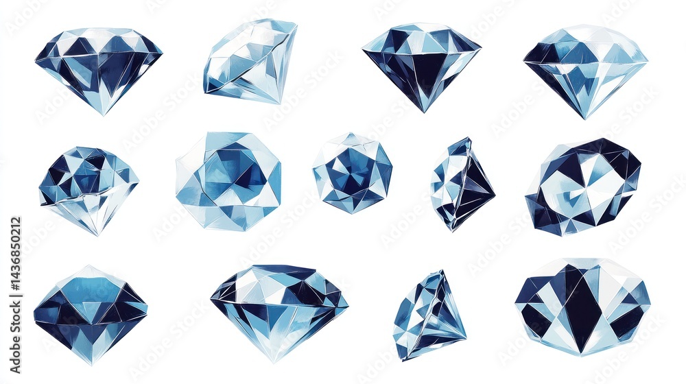 Fototapeta premium Sparkling blue diamonds collection; white background; jewelry design