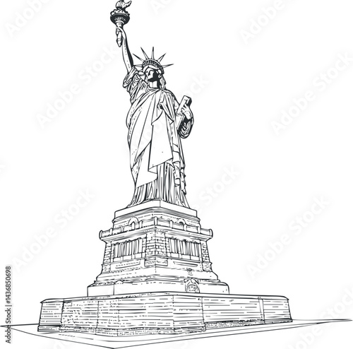 Detailed black and white line drawing of the Statue of Liberty on its pedestal as a symbol of freedom and independence