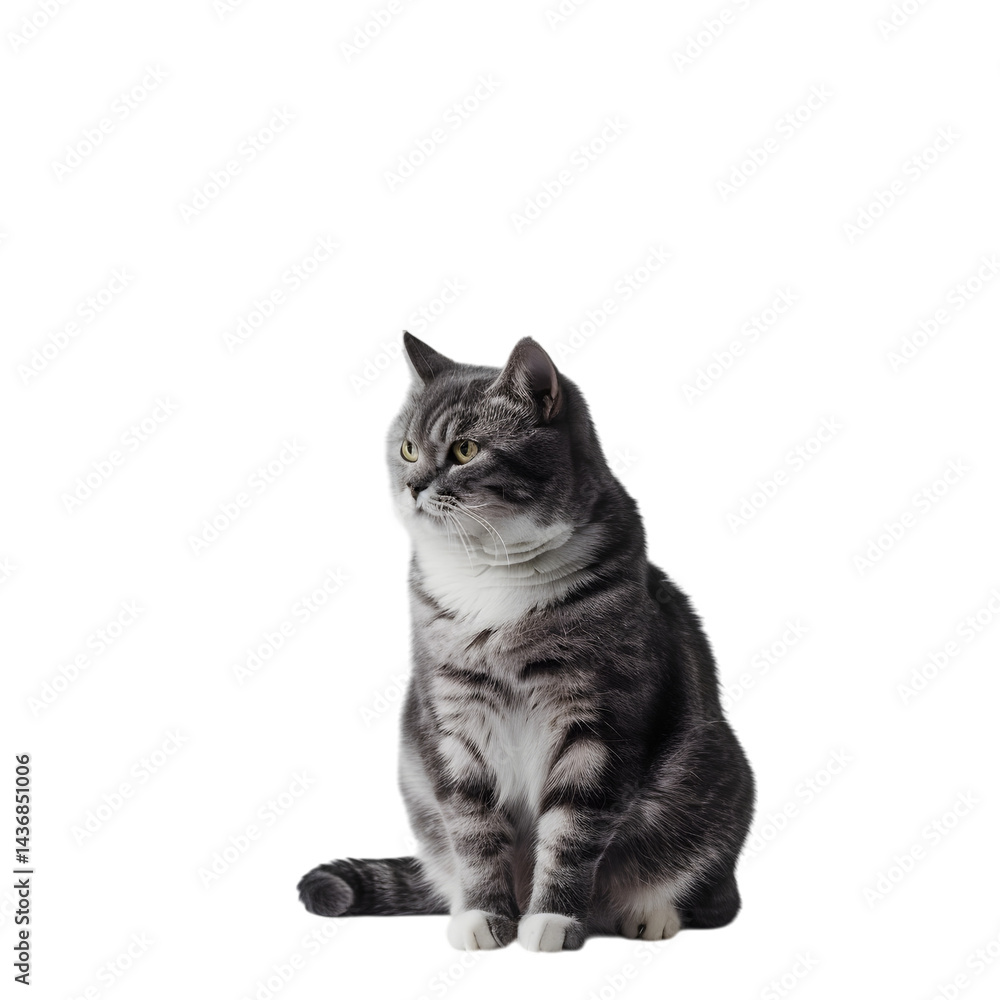 Fototapeta premium Gray tabby cat sitting upright looking to the side with a serious expression on transparent background