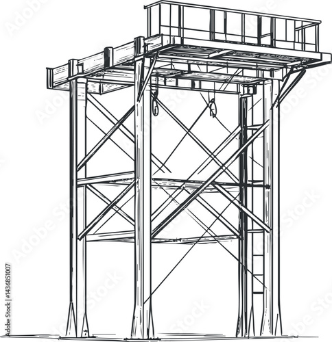 Black and white line drawing of an elevated observation tower with ladder and railings for safety.