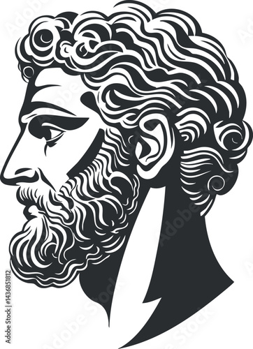 Black and white stylized profile portrait of a bearded man with curly hair and classical features