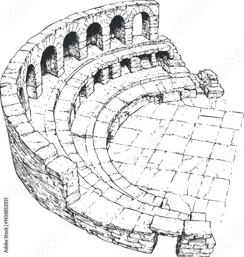 Black and white sketch of an ancient stone amphitheater ruins with curved seating and stone arches