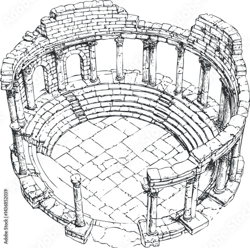 Detailed black and white drawing of an ancient stone amphitheater or coliseum ruins with columns and arches.