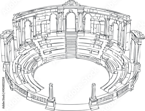 Black and white line drawing of an ancient circular amphitheater with columns and tiered seating