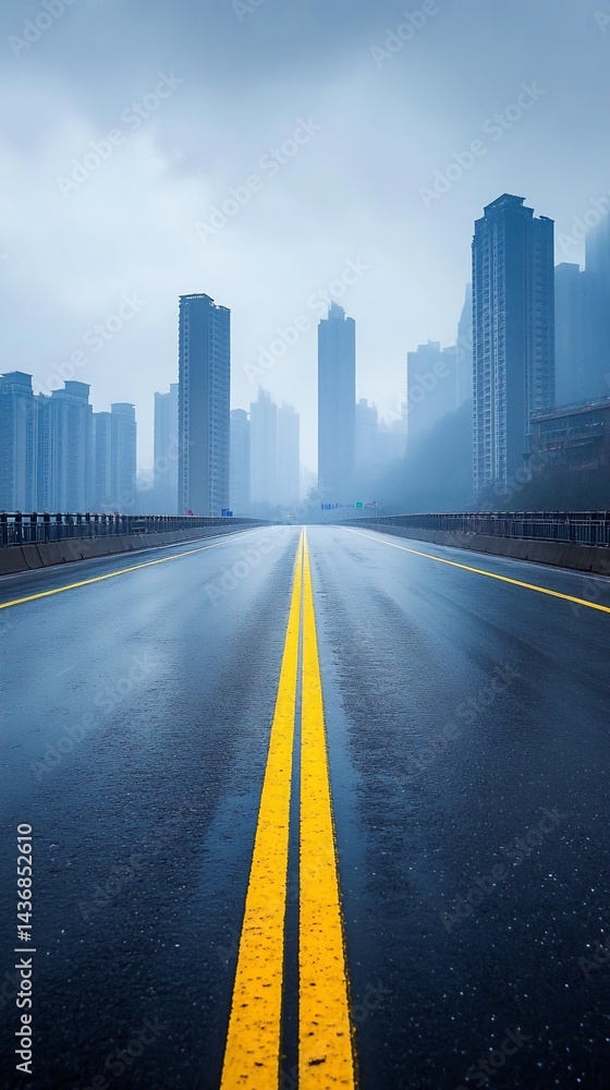 Fototapeta premium Wet Roadway and Cityscape Under Hazy Conditions