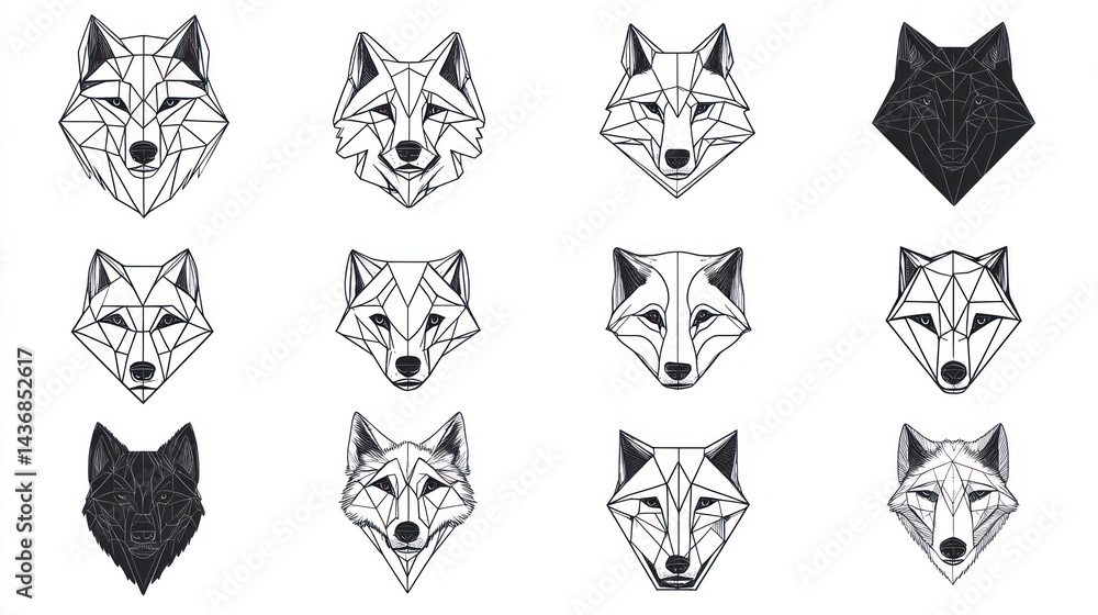 Geometric wolf head designs; white background; graphic art; tattoo or logo inspiration Geometric wolf head designs; white background; graphic art; tattoo or logo inspiration