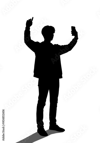 Person Taking Selfie Capturing Joyful Moment on Transparent Background. Modern photography concept, isolated happiness, smartphone culture, social media lifestyle, vector illustration