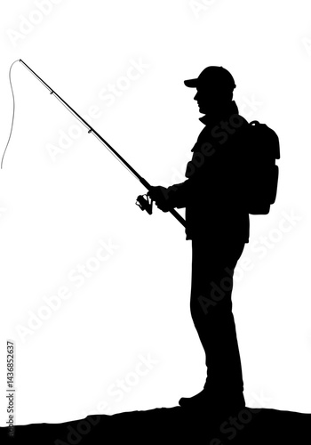 Person with a Fishing Rod Silhouette on Transparent Background. Angler casting line, recreational fishing, outdoor hobby, isolated vector illustration, sport fishing concept