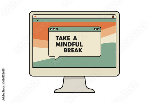 Mindful Break Reminder on Desktop Screen in Minimalist Style. Digital wellness alert, workplace self-care, productivity pause, mental health notification, office mindfulness concept