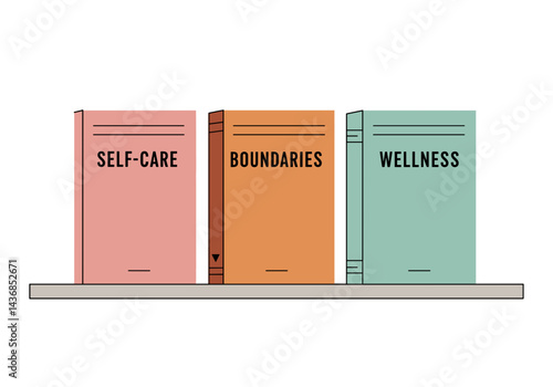 Colorful Books on Self-Care, Boundaries, and Wellness Arranged on Shelf. Mental health literature, personal growth resources, psychology reads, healing library, therapeutic education