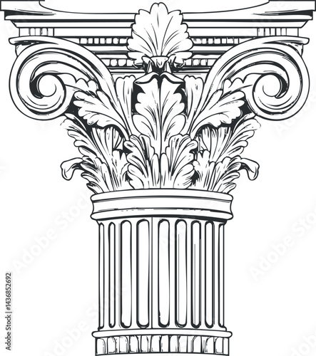 Detailed black and white illustration of a classical Corinthian column capital with ornate leaves and scrolls.