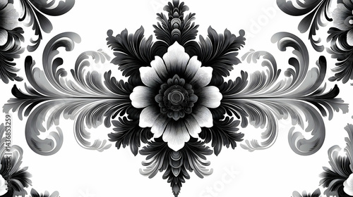 Intricate black and white floral design pattern.