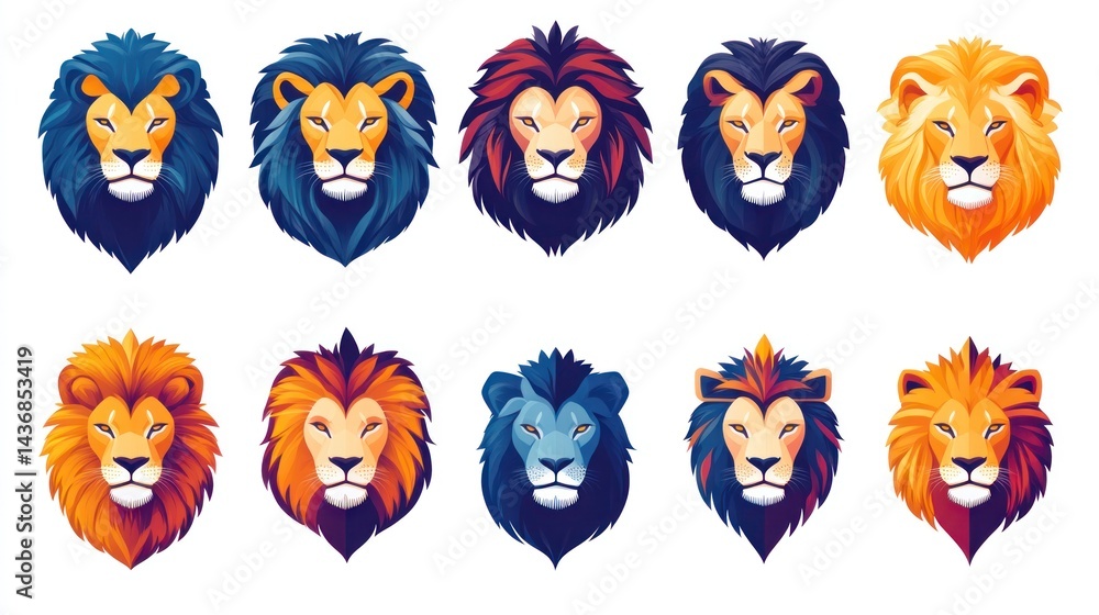 Fototapeta premium Colorful Lion Heads, African Wildlife, Pride, Vector Illustration, Graphic Design