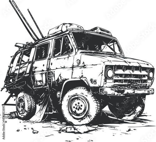 Black and white sketch of a rugged military armored truck equipped with heavy weapons and artillery.