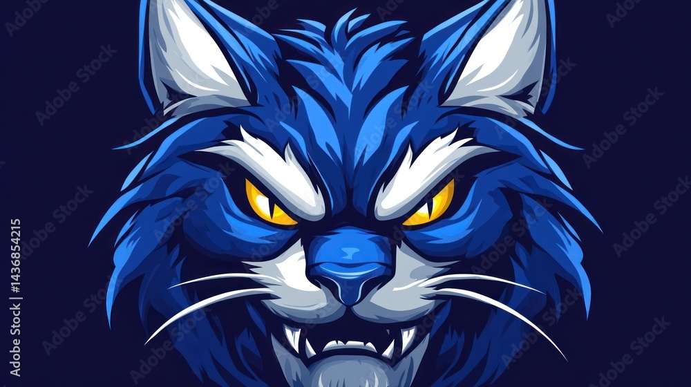 Fototapeta premium Angry blue cat head, dark background, gaming mascot