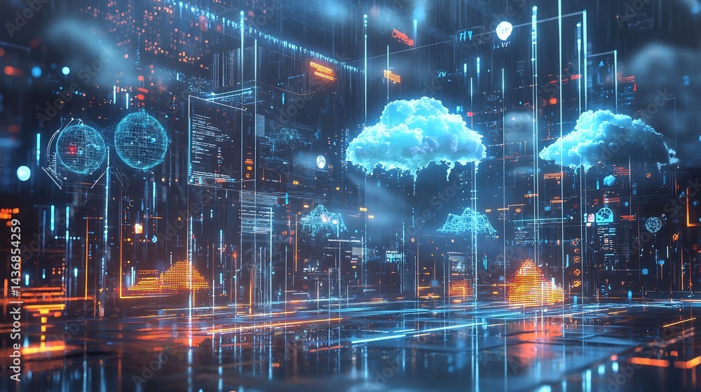 Obraz premium Futuristic Cityscape with Cloud Computing Elements at Night