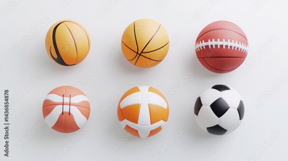 Six sports balls on white background; overhead view Six sports balls on white background; overhead view
