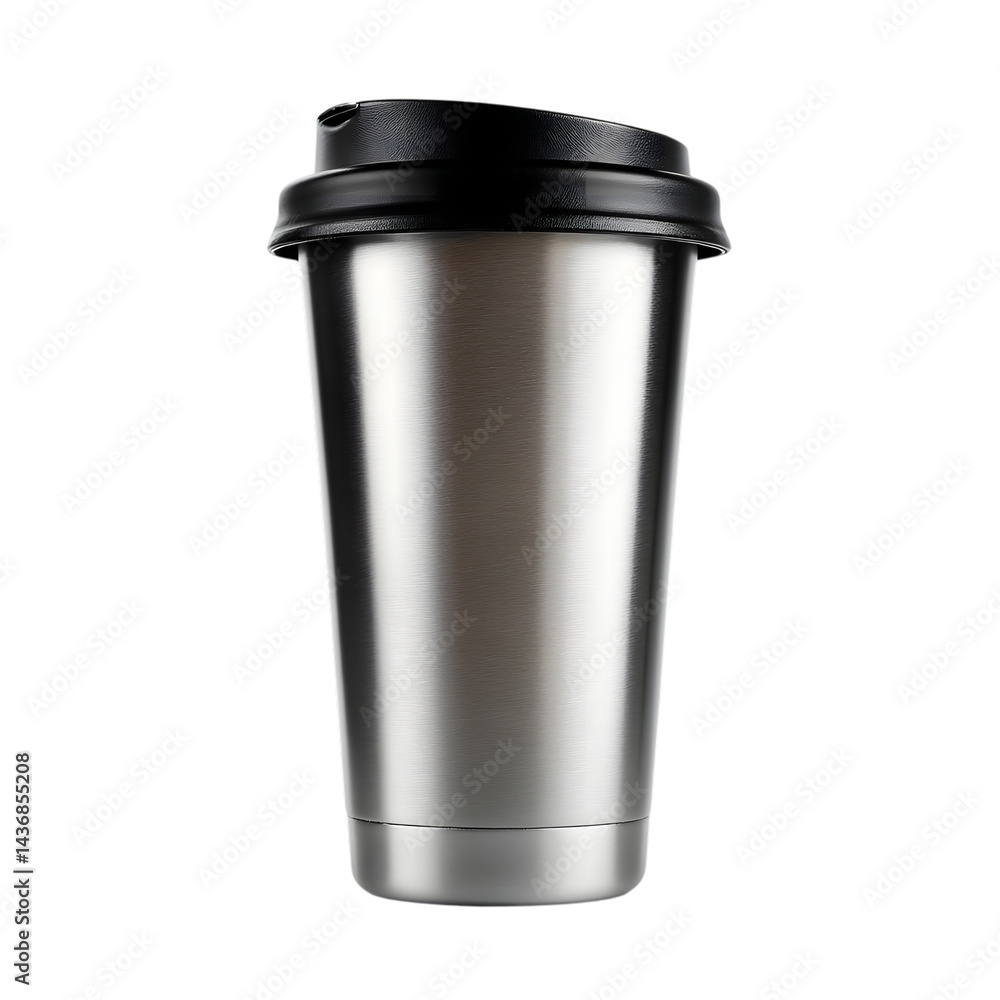 Stainless steel travel mug with black lid isolated on transparent background, reusable thermal coffee tumbler Stainless steel travel mug with black lid isolated on transparent background, reusable thermal coffee tumbler