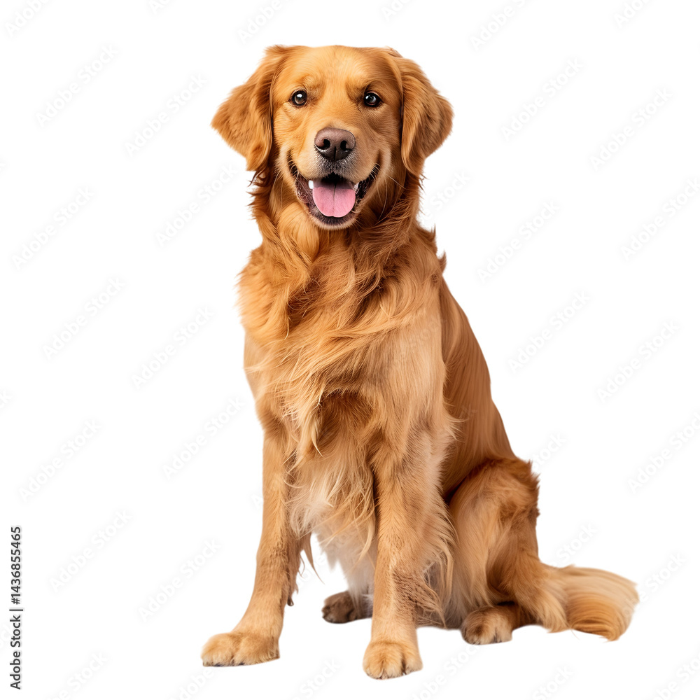 Golden retriever sitting with mouth open and tongue out looking at camera on transparent background Golden retriever sitting with mouth open and tongue out looking at camera on transparent background