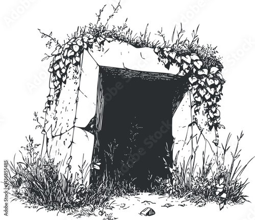 Detailed black and white illustration of a stone cave entrance overgrown with vines and grass