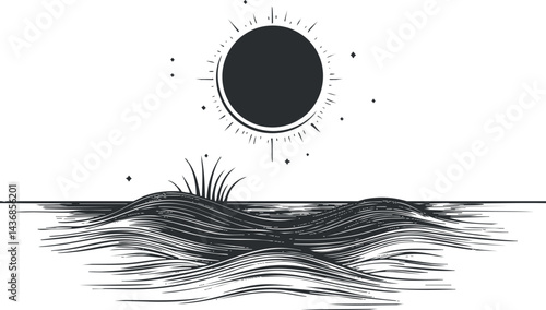 Stylized black and white illustration of waves in the ocean with a bright sun above on the horizon