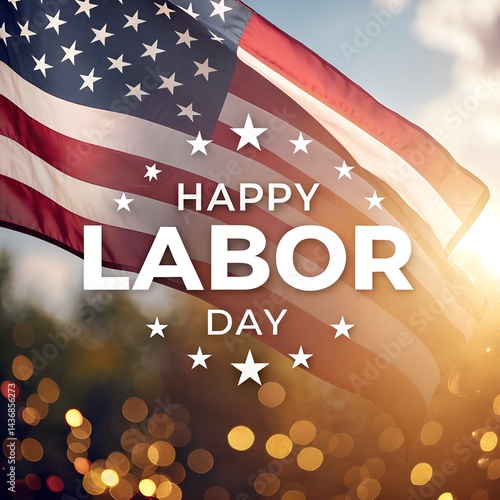 Celebrate Labor Day with a stunning visual of the American flag, golden sunlight and sparkling bokeh, representing the spirit of hard work and dedication