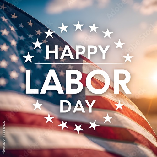 Celebrate Labor Day with a waving American flag, glowing sunshine and sparkling bokeh, symbolizing the dedication and unity of workers