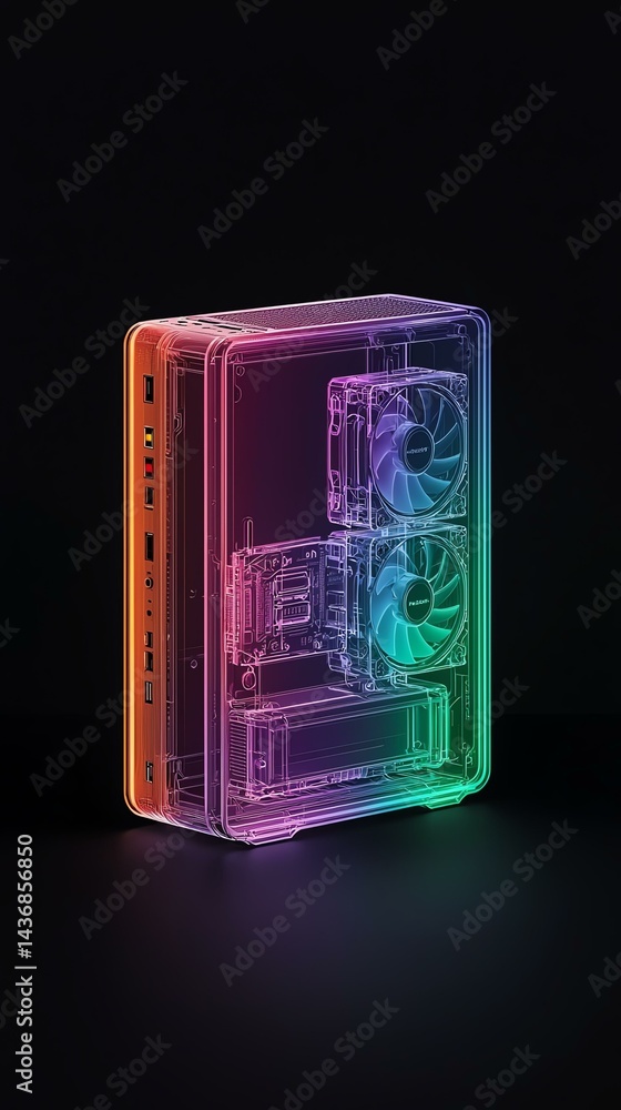 Gaming Console Design, RGB Lighting, Technology, Transparent computer case with glowing fans and modern design Gaming Console Design, RGB Lighting, Technology, Transparent computer case with glowing fans and modern design