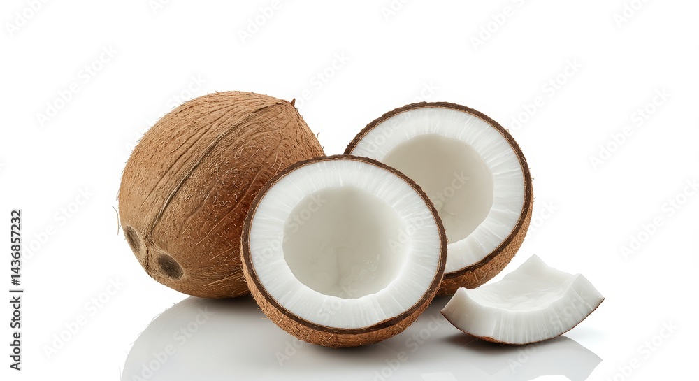 Fresh Coconuts Whole and Halved on White Background Fresh Coconuts Whole and Halved on White Background