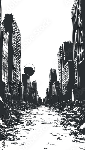Black and white illustration of a destroyed urban city street filled with debris and ruined buildings