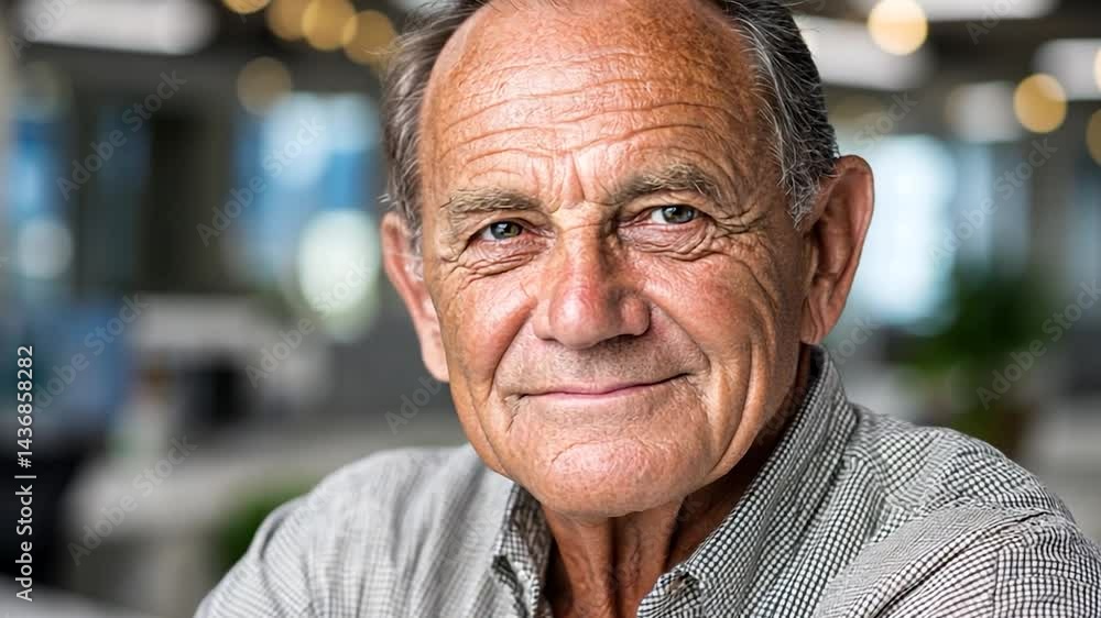 Smiling older man with wrinkles; bright, modern background in soft focus Smiling older man with wrinkles; bright, modern background in soft focus