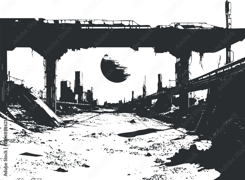 Fototapeta premium Postapocalyptic ruined cityscape with broken bridge and empty road under dark sky.
