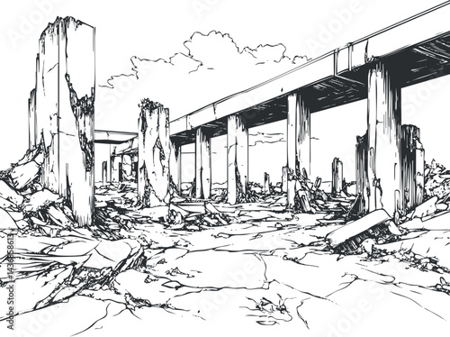 Black and white sketch of a destroyed landscape with broken bridge and ruined concrete columns in a postapocalyptic setting.