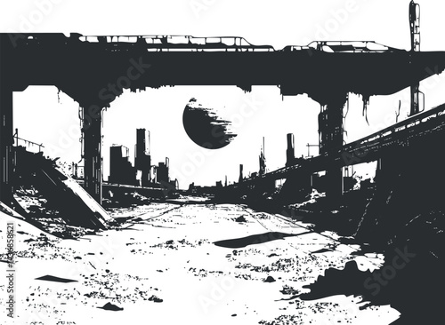 Postapocalyptic ruined cityscape with broken bridge and empty road under dark sky.