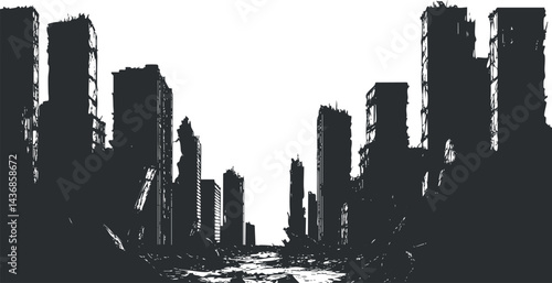 Silhouette of destroyed cityscape with ruined buildings and debris in urban apocalypse setting
