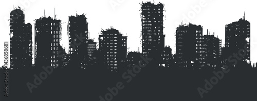 Black and white silhouette of a city skyline with various highrise buildings and urban structures