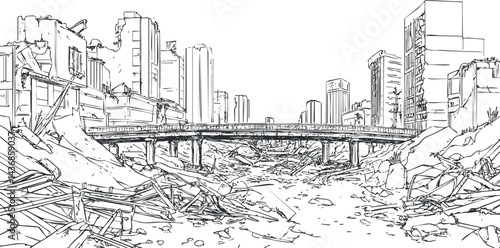 Black and white sketch of a post-apocalyptic cityscape showing a destroyed urban area with a broken bridge and ruined buildings