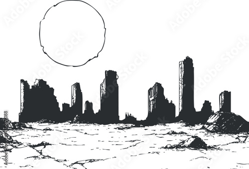 Black and white sketch of a postapocalyptic city skyline with ruins in a barren desert under the sun.