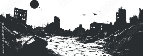 Black and white silhouette of a desolate postapocalyptic urban landscape with ruined buildings and debris
