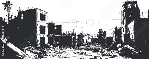 Black and white illustration of a destroyed urban street with ruined buildings and debris under a clear sky